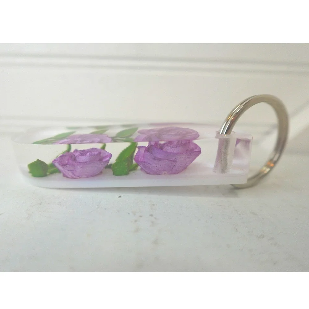 Purple‎ Flower Keychain Bag Charm Two Stem Roses Handmade Resin Fob Holder